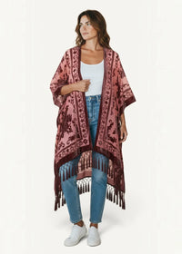 Flowing pink kimono print jacket with long sleeves dark burgundy floral embroidery and fringe hem detailing
