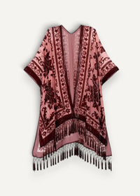 Kimono print jacket flowing pink and burgundy embroidered floral patterns with black tassels along the hem