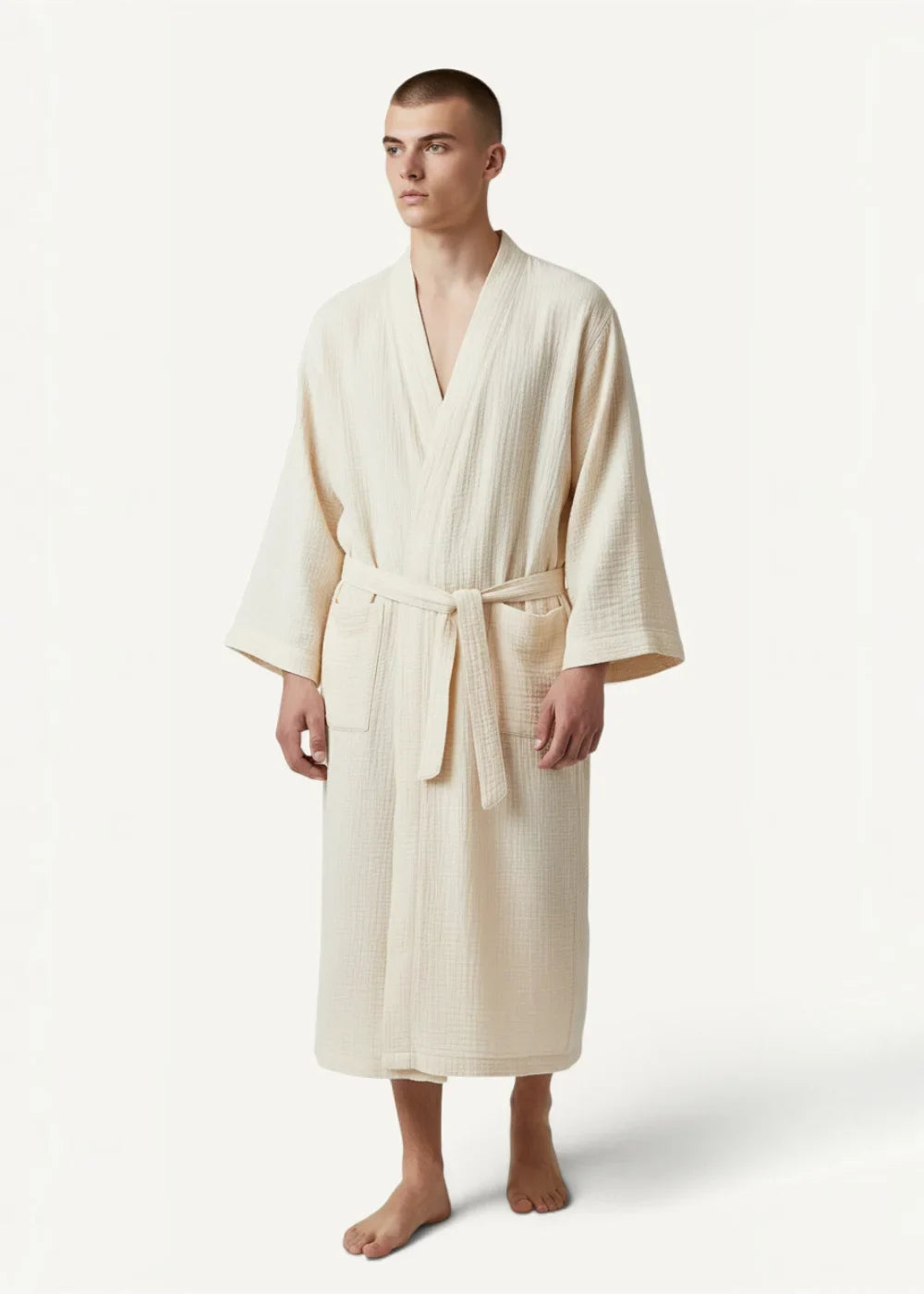 Cream-colored kimono robe dressing gown made of textured cotton with v-neck and matching belt