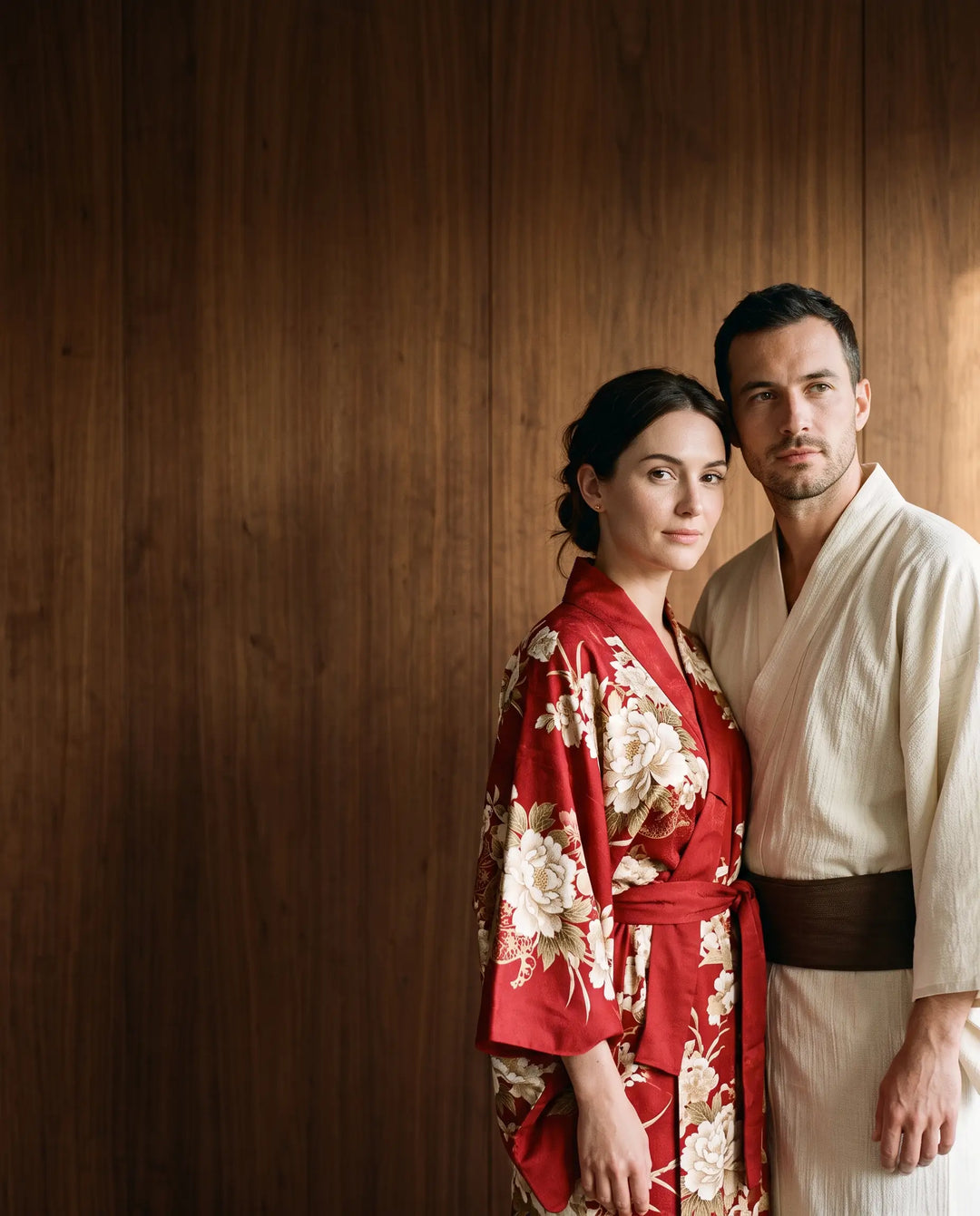 Kimono robes for women and men: woman in a red floral kimono robe and man in an ivory kimono with a brown sash