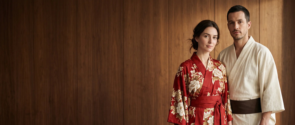 Kimono robes for women and men: woman in a red floral kimono robe and man in an ivory kimono with a brown sash