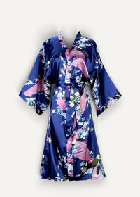 Navy blue satin kimono dressing gown with vibrant pink white and green floral and peacock pattern