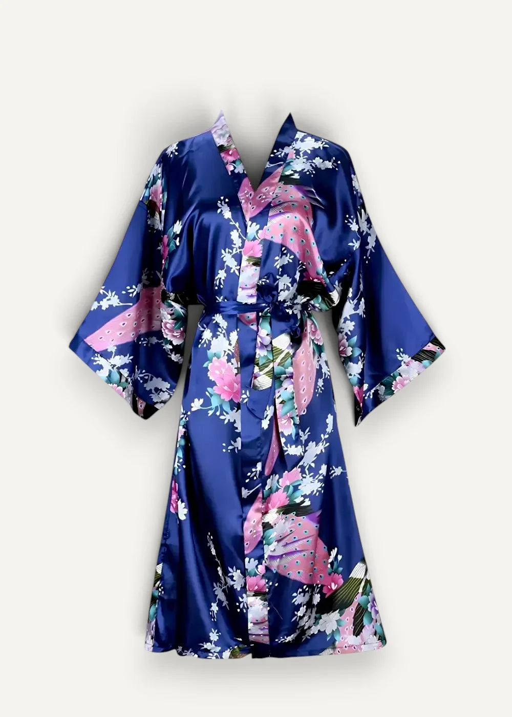 Navy blue satin kimono dressing gown with vibrant pink white and green floral and peacock pattern