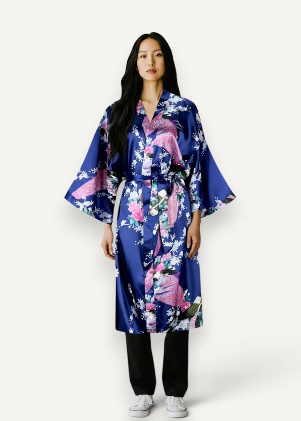 Kimono satin dressing gown in vibrant blue with delicate pink white and green floral and bird pattern