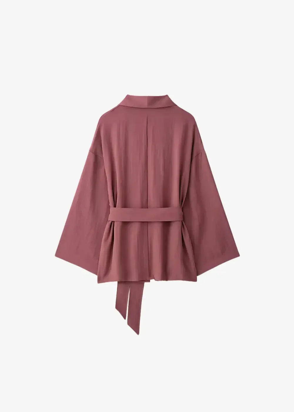 A soft mauve kimono short set with wide sleeves and a matching belt tied at the waist in loose fit style