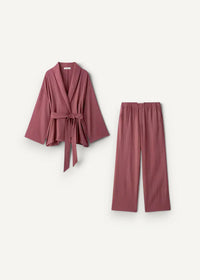 Kimono short set featuring a soft mauve silk robe with belted waist and wide sleeves paired with matching trousers