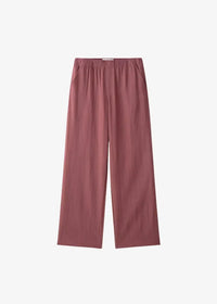 Soft mauve wide-leg trousers with elastic waistband and relaxed silhouette from kimono short set