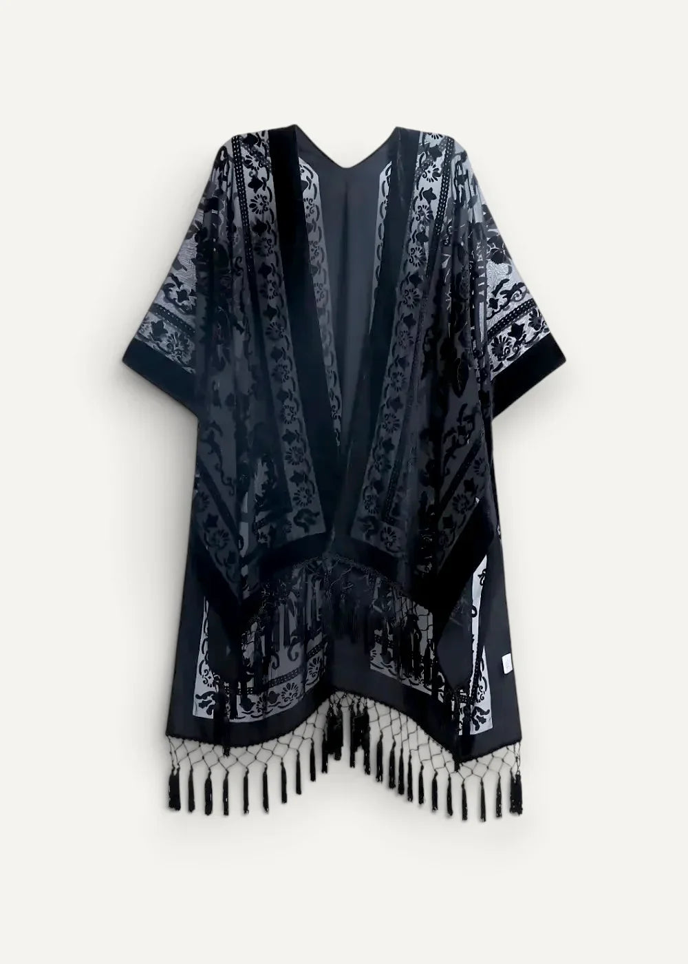 Black and silver patterned kimono style cardigan with tassels in lightweight fabric perfect for layering