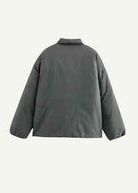 Dark gray kimono style puffer jacket with classic collar and long sleeves for cold weather wear