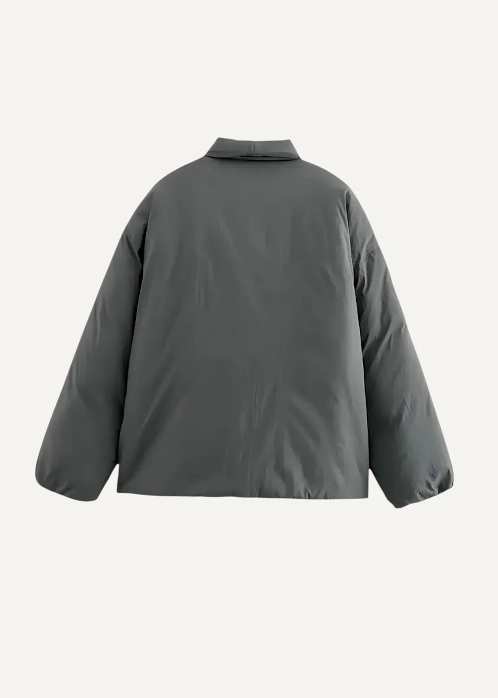 Dark gray kimono style puffer jacket with classic collar and long sleeves for cold weather wear