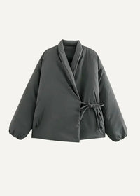 Dark gray kimono style coat puffer jacket with wrap front and matching waist drawstring tie for warm layering