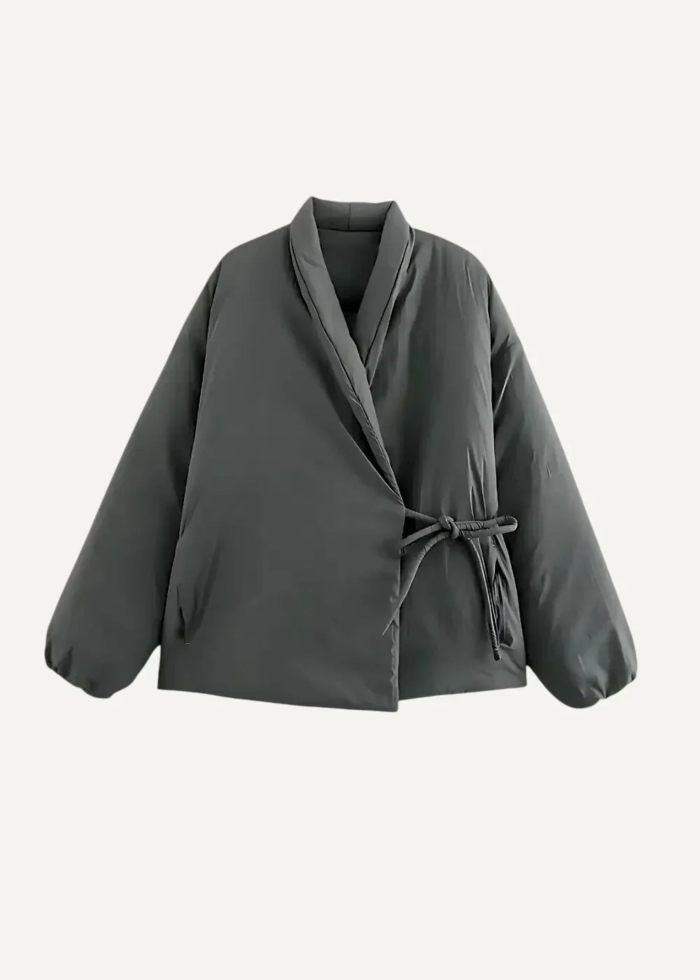 Dark gray kimono style coat puffer jacket with wrap front and matching waist drawstring tie for warm layering