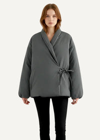 Gray quilted kimono style wrap coat with belted waist and long sleeves for stylish layering