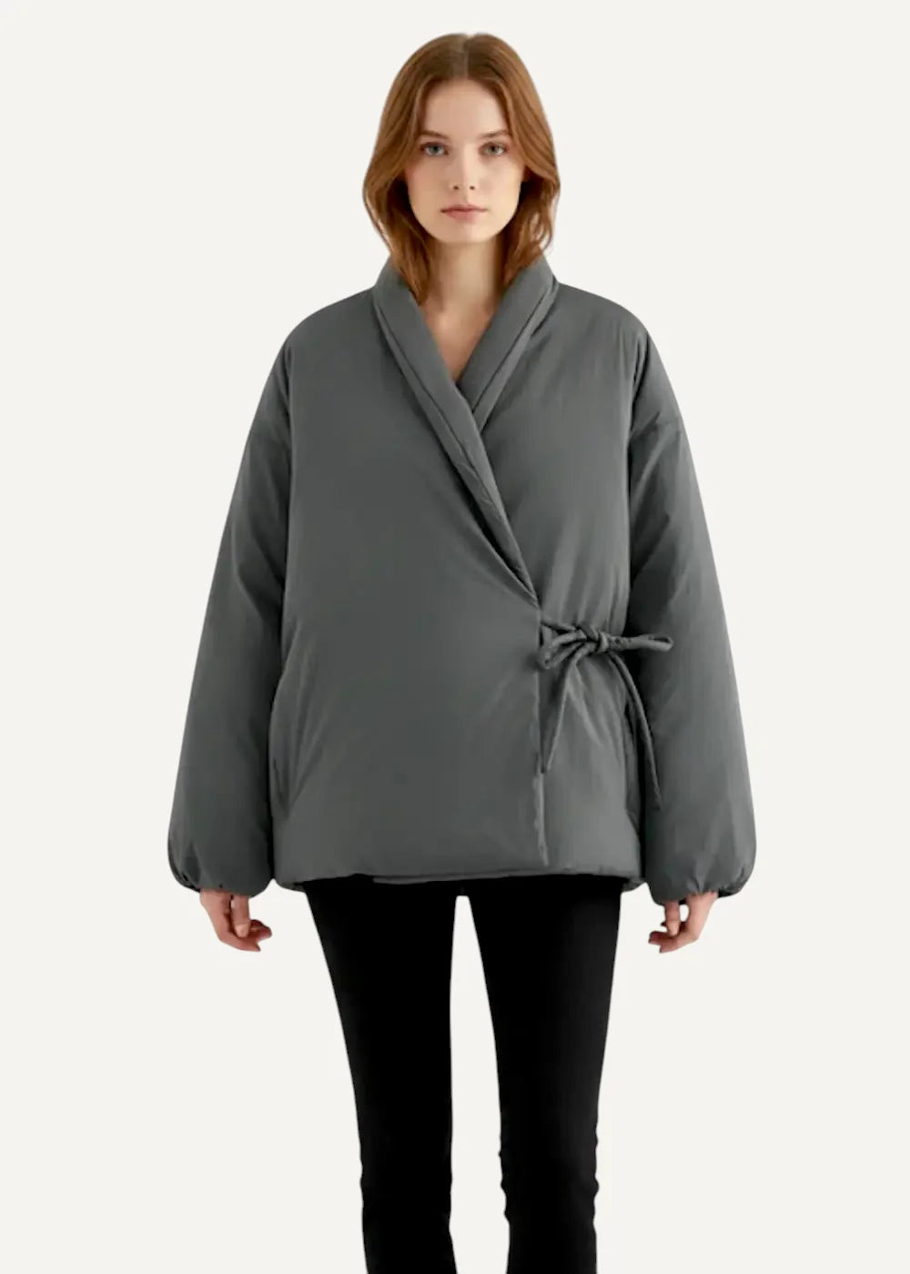 Gray quilted kimono style wrap coat with belted waist and long sleeves for stylish layering