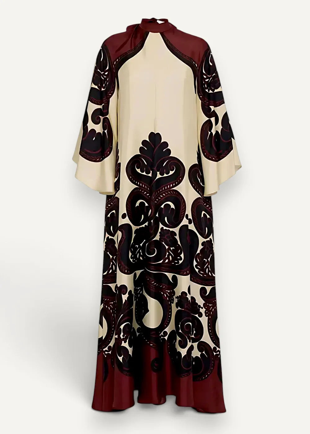 Kimono style dress long with flowing cream and deep burgundy fabric featuring intricate black ornamental pattern