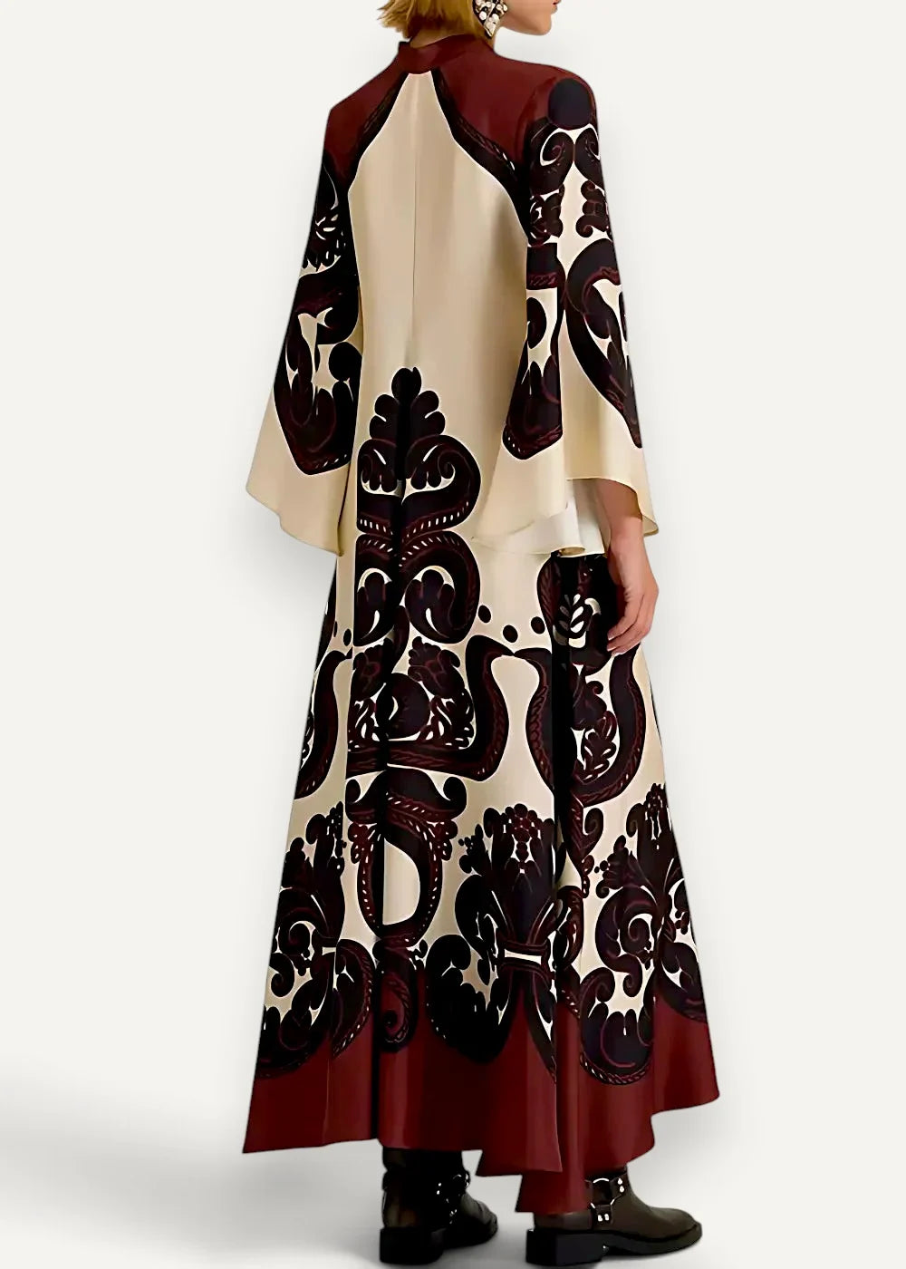 Kimono style dress long with cream and deep burgundy damask pattern in flowing floor-length robe design