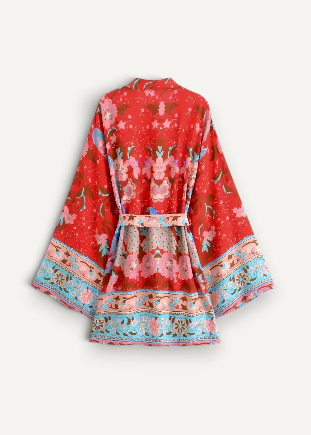 A vibrant red kimono style dress short with a floral pattern in pink blue and beige tones