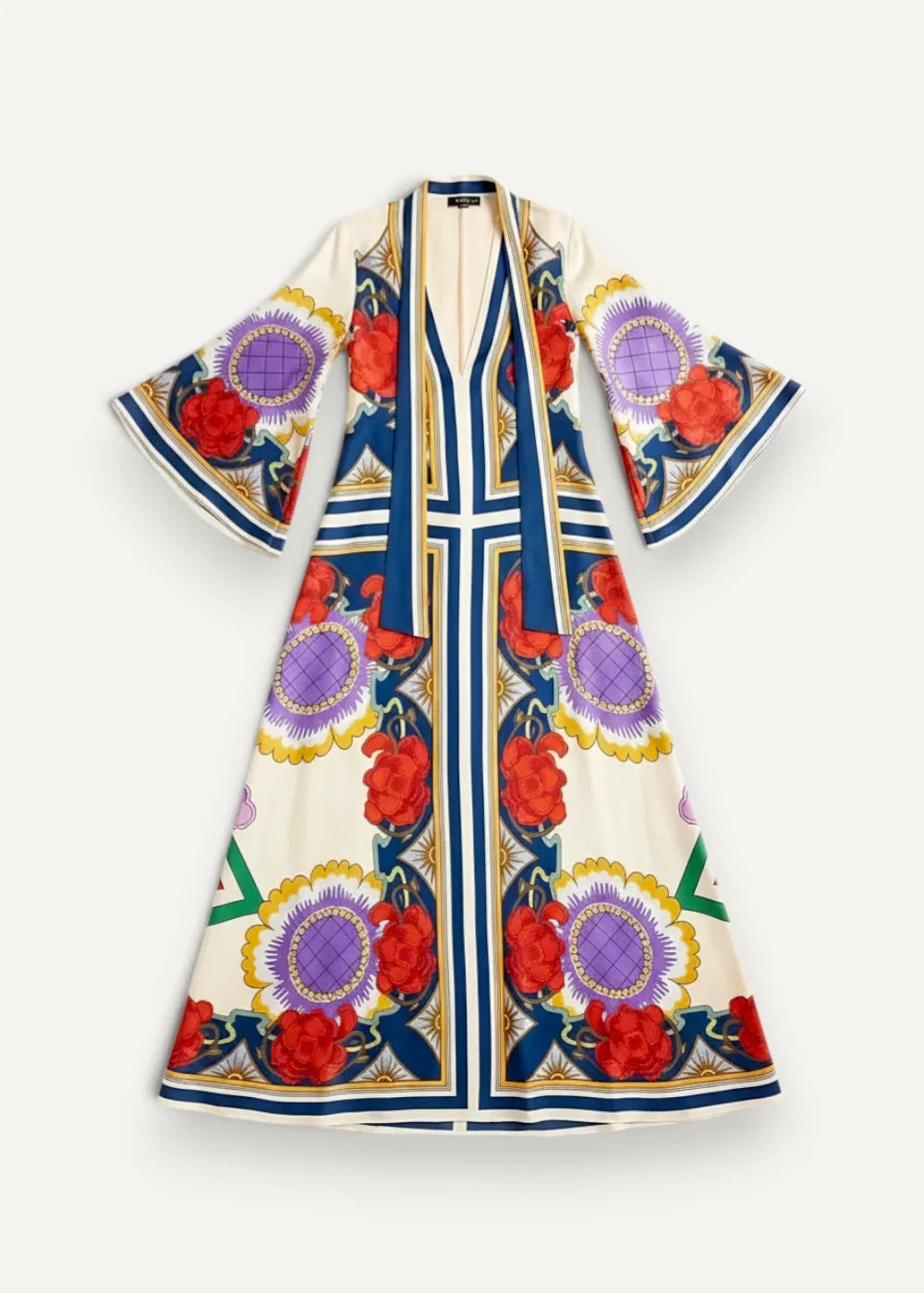 A cream silk kimono style dress with bold red roses and purple motifs framed by gold and navy geometric patterns