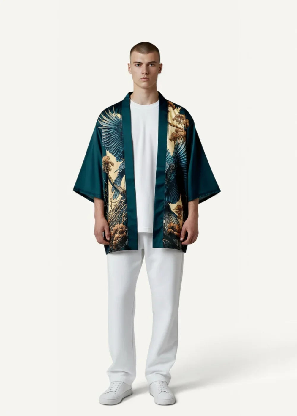 Dark teal silk kimono style jacket with intricate gold and brown bird and floral patterns visible from the back