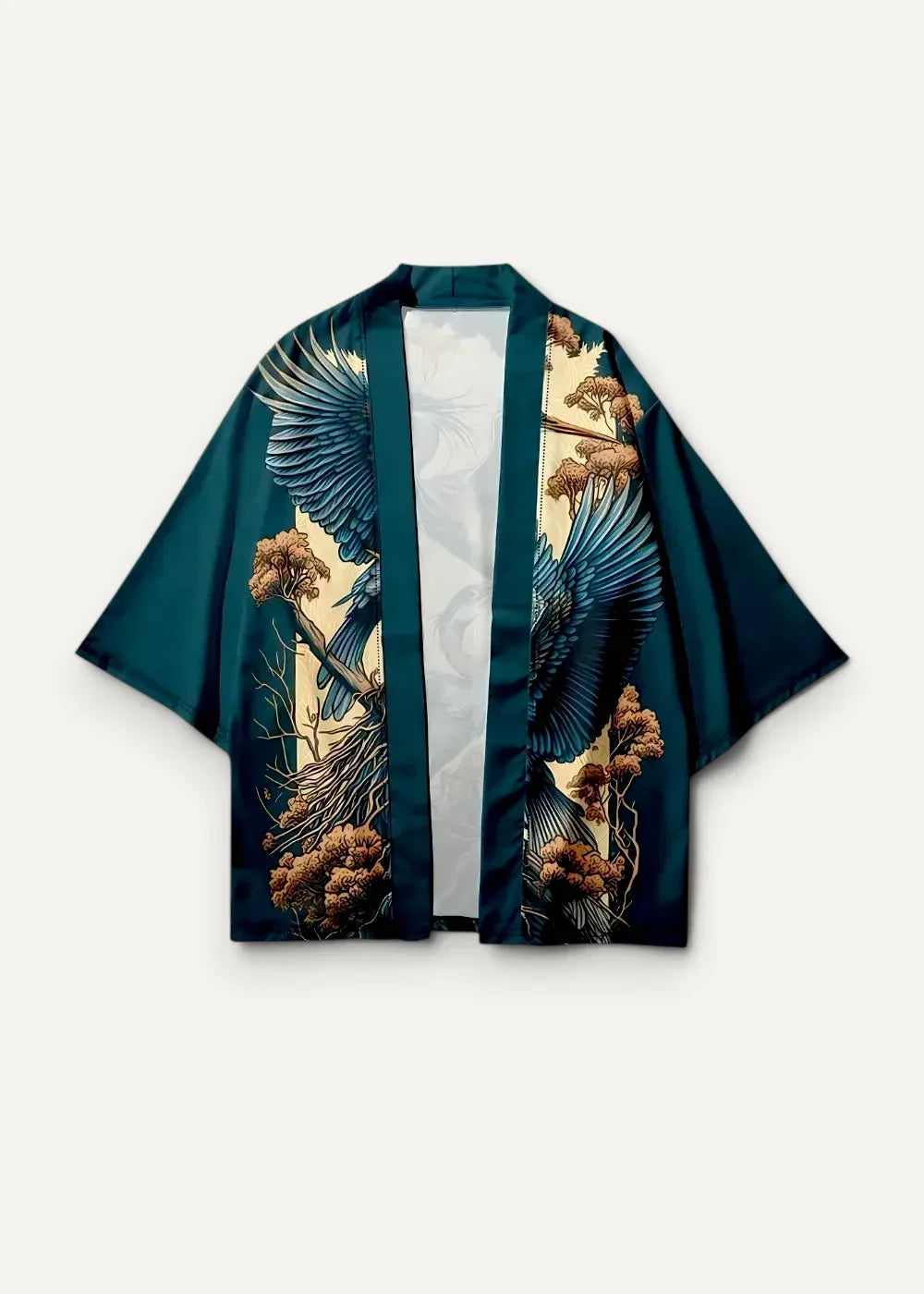 Teal kimono style jacket with intricate blue and brown bird illustrations on a satin like fabric