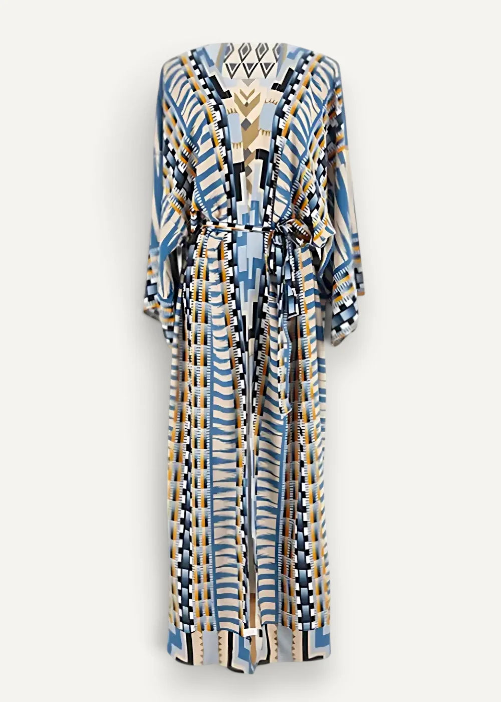 Kimono style maxi dress with long sleeves in bold geometric blue black beige and white stripes and diamond motifs