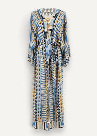Kimono style maxi dress with long sleeves in bold geometric blue black beige and white stripes and diamond motifs