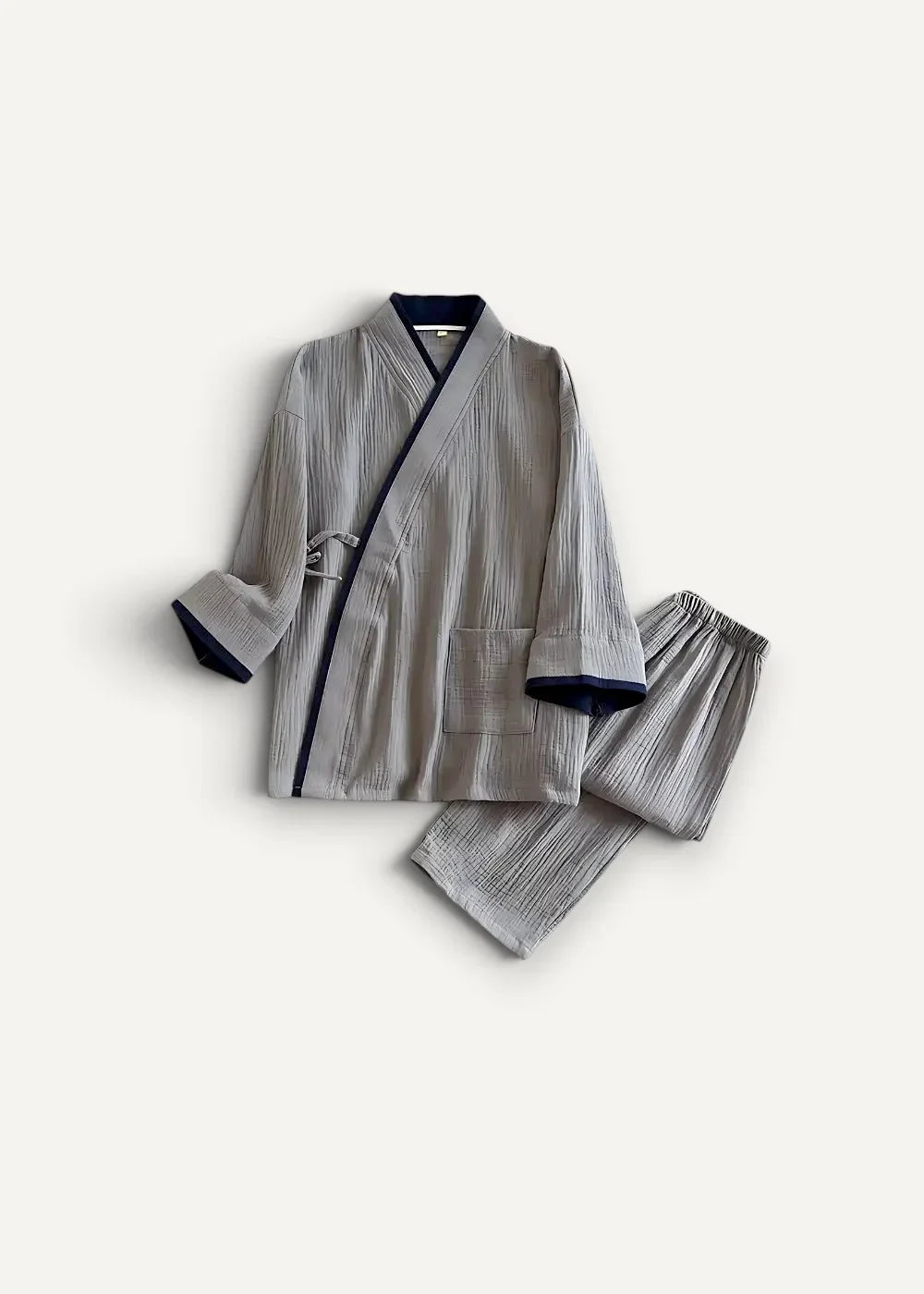 Gray kimono style pajama set with navy blue trim, a wrap top and matching pants