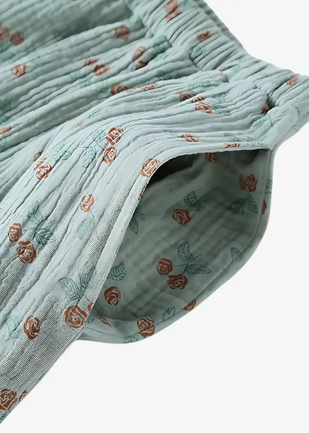 Light blue cotton kimono style pajamas with subtle crinkle texture and delicate muted red and green rose pattern