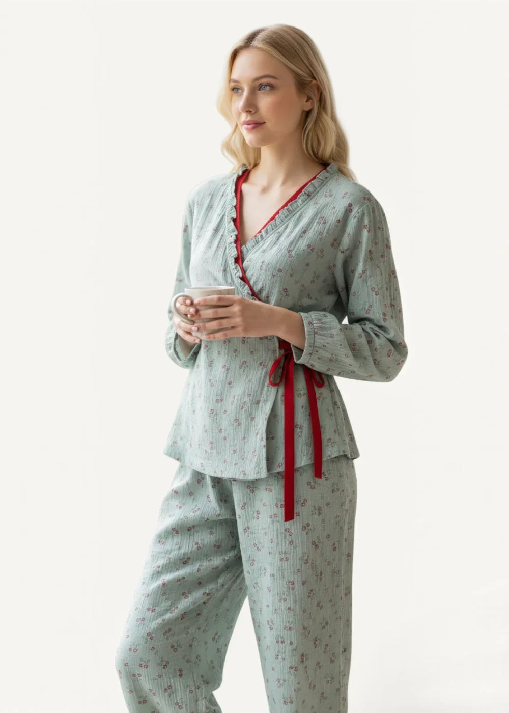 Light green floral kimono style pajama set with red trim and matching tie belt for comfortable loungewear