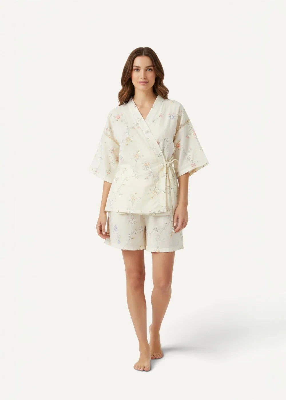 Cream-colored floral print wraparound kimono pajama set with matching shorts for women in lightweight fabric