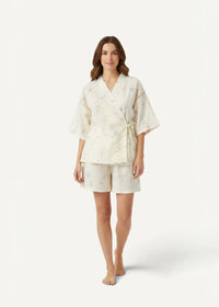 Cream-colored floral print wraparound kimono pajama set with matching shorts for women in lightweight fabric