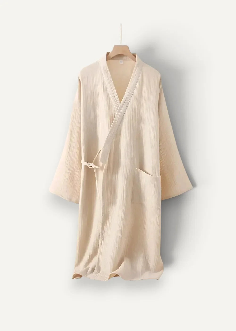Beige textured cotton kimono style robe for women with v-neck and side pockets