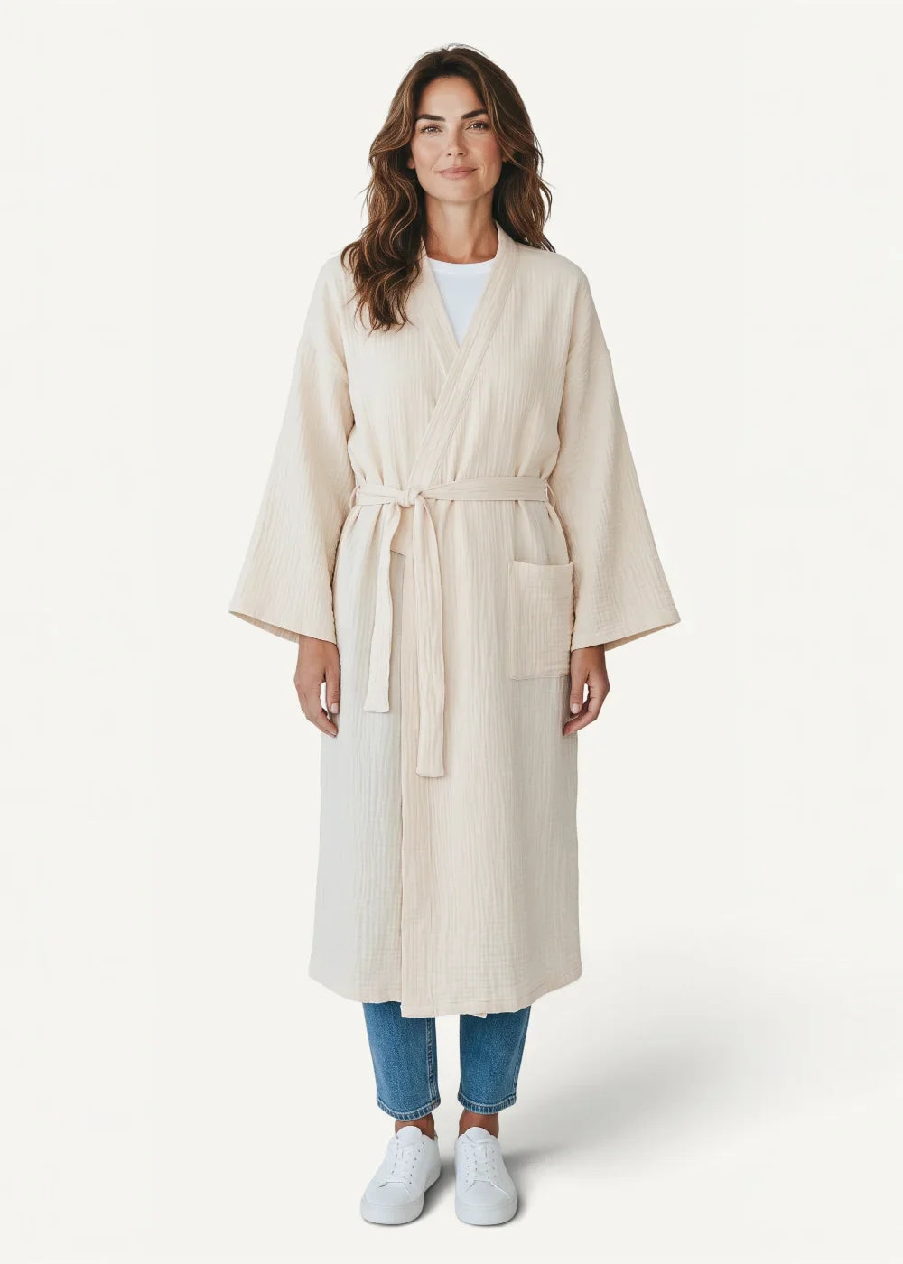 Cream-colored kimono style robe for women in ribbed knit with matching belt and front pockets
