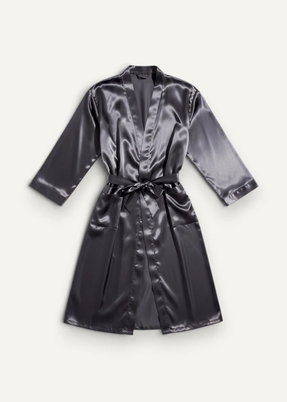 A sleek black satin kimono style robe with matching belt and three quarter length sleeves