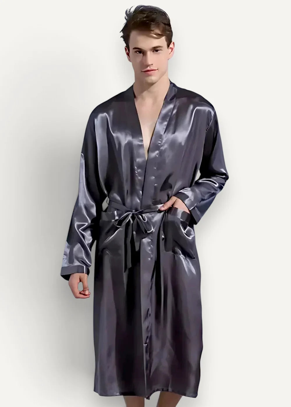 A sleek dark gray satin kimono style robe with glossy finish and matching belt for comfortable lounging
