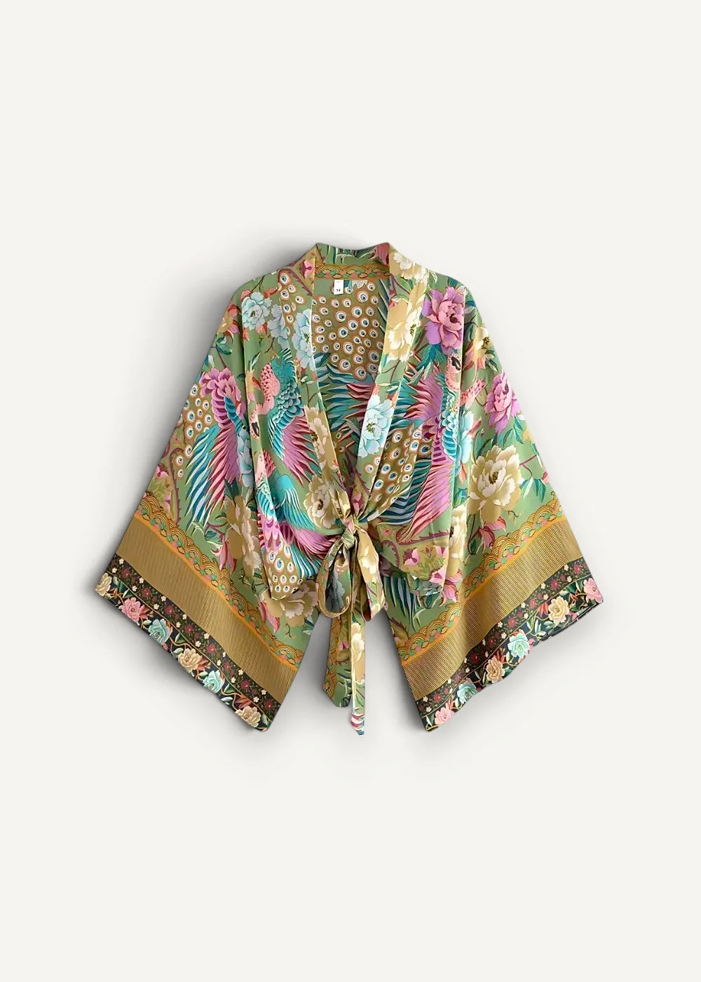 Kimono style top in soft olive green with pink teal peacock feather patterns and gold trim on sleeves and hem