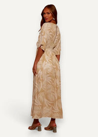 Beige tropical leaf print kimono summer dress with three-quarter sleeves and fitted waist in lightweight fabric