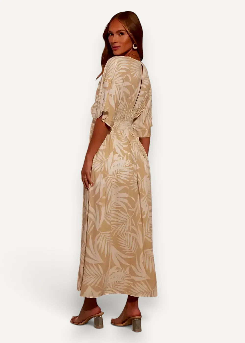 Beige tropical leaf print kimono summer dress with three-quarter sleeves and fitted waist in lightweight fabric