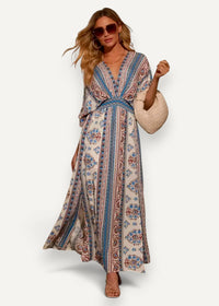 Kimono summer dress featuring a flowing long-sleeved maxi design with blue and beige striped floral bohemian pattern