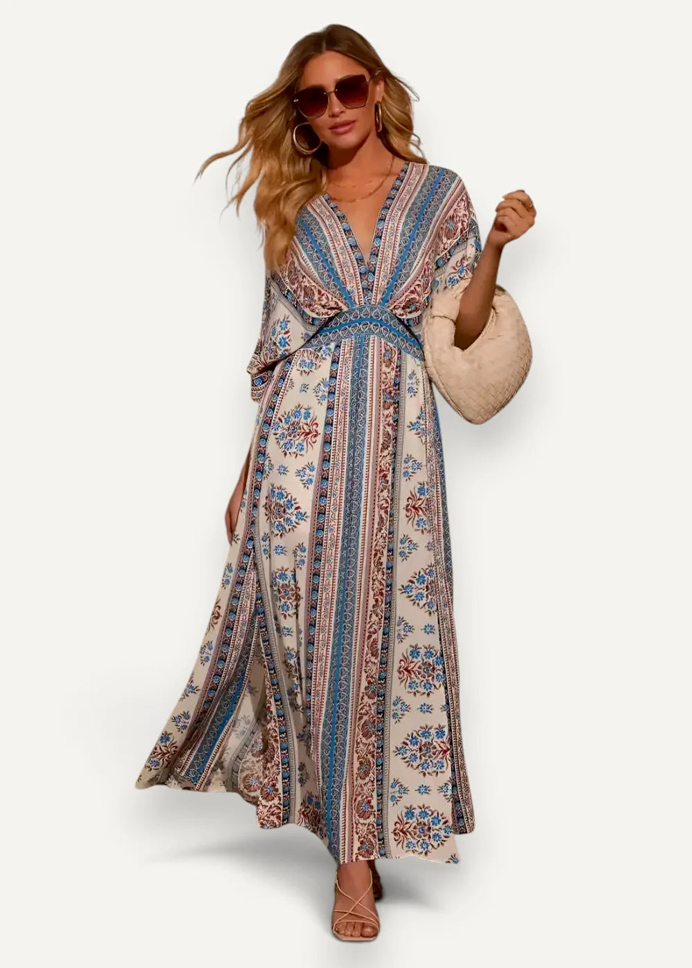 Kimono summer dress featuring a flowing long-sleeved maxi design with blue and beige striped floral bohemian pattern