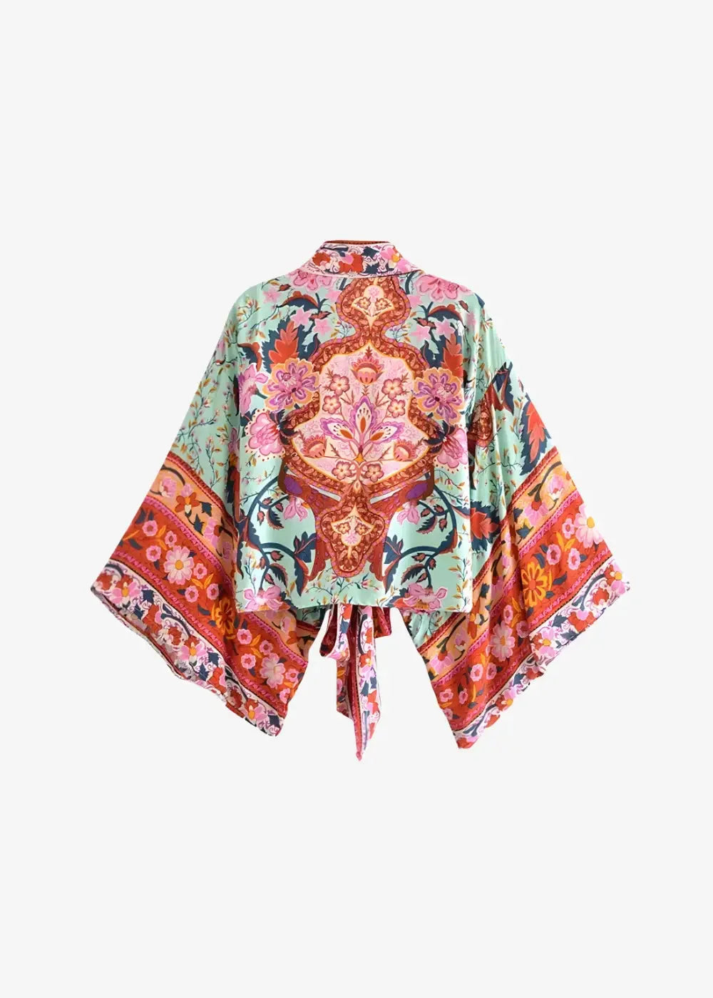 A vibrant mint green kimono swim cover up with bold pink orange and burgundy floral ornate patterns