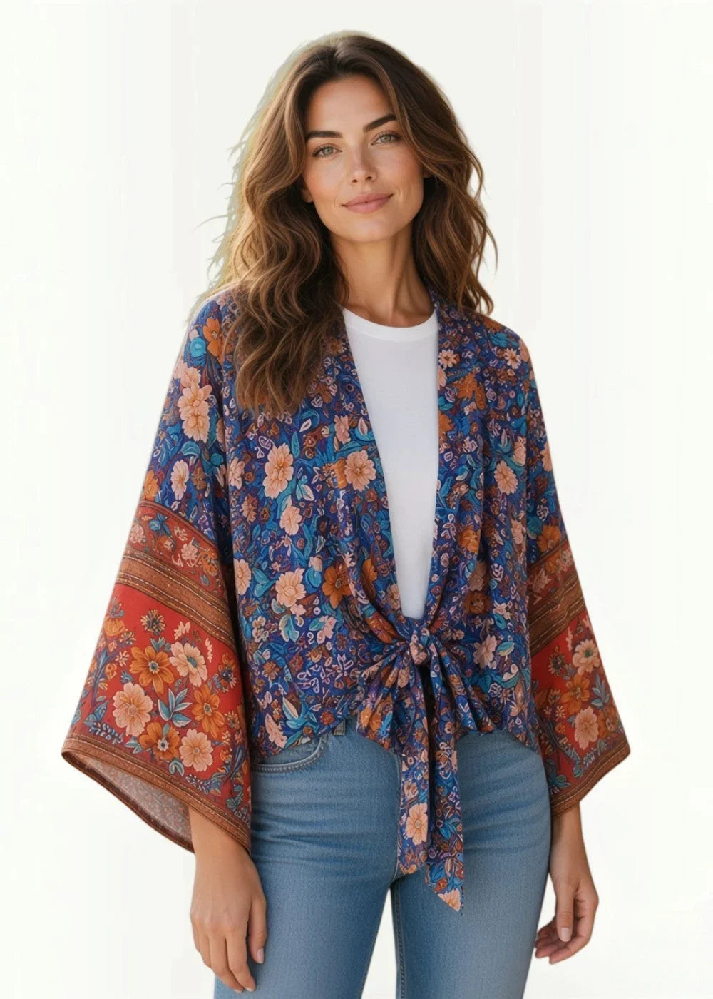 A vibrant kimono top with a flowing design featuring a rich blue base and intricate orange pink brown floral patterns