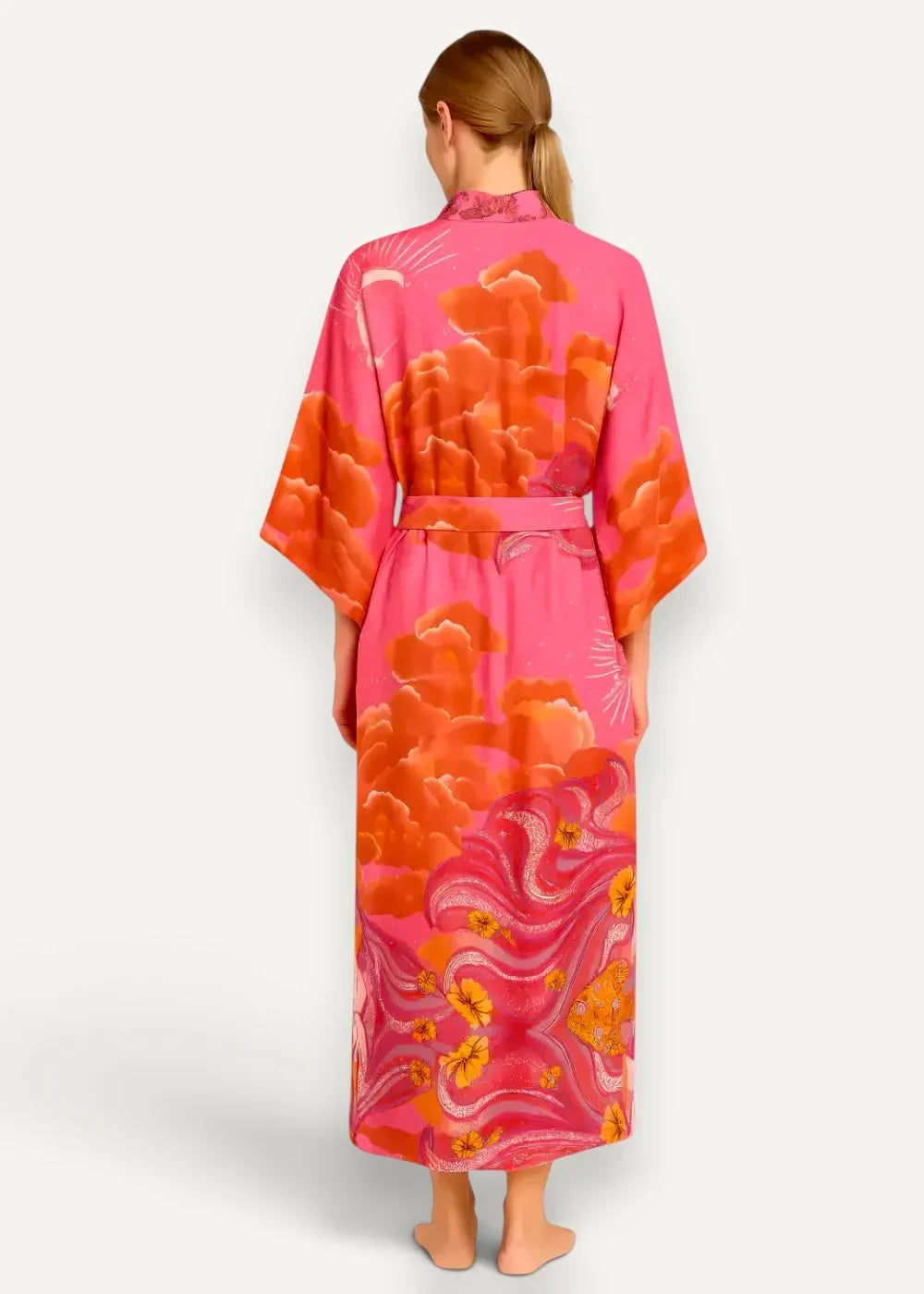 Kimono traditional dress vibrant pink and orange floral-patterned silk robe with matching belt