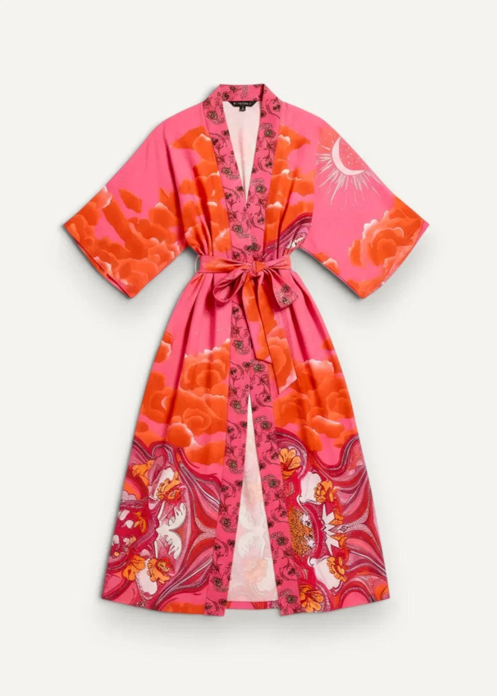 A vibrant pink and orange floral-patterned silk kimono traditional dress with a matching belt tied at the waist