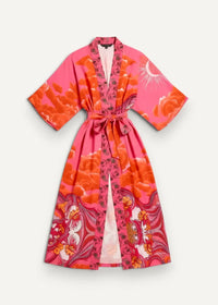 A vibrant pink and orange floral-patterned silk kimono traditional dress with a matching belt tied at the waist