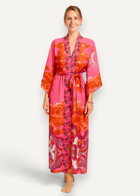 Kimono traditional dress vibrant pink and orange floral-patterned silk robe with matching belt