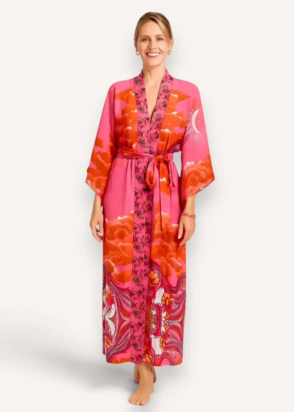 Kimono traditional dress vibrant pink and orange floral-patterned silk robe with matching belt