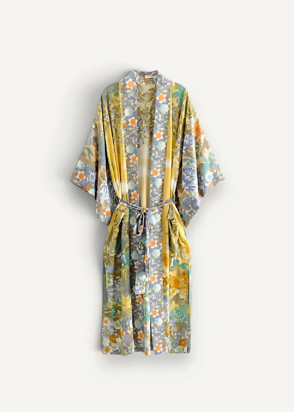 Kimono wrap cover up with flowing long sleeves and vibrant yellow green and orange floral pattern with matching belt