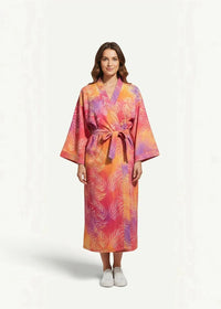 Kimono wrap dress maxi with long sleeves and tropical leaf pattern in vibrant orange pink and purple shades