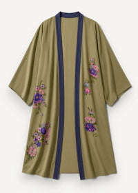 Knee length kimono featuring olive green embroidered floral fabric with navy blue trim for stylish layering